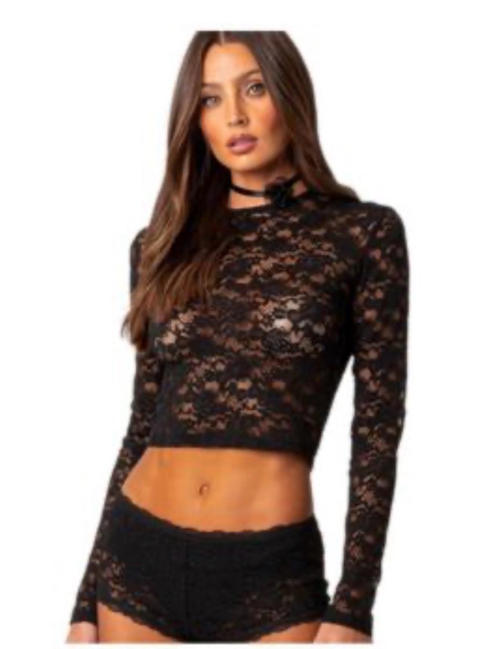Black Lace Long-Sleeve Crop Top for Women